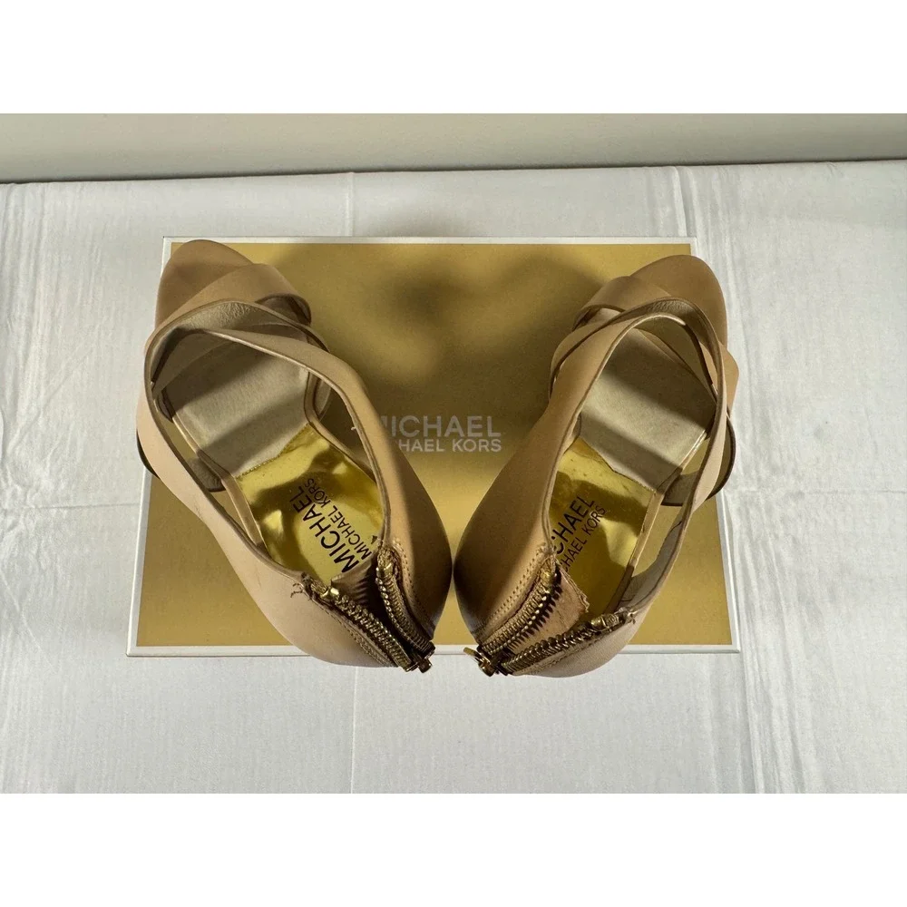 Michael Kors Elena Platform Nude Leather Crisscross Sandal Heels 40S5ELHS3L 7.5M